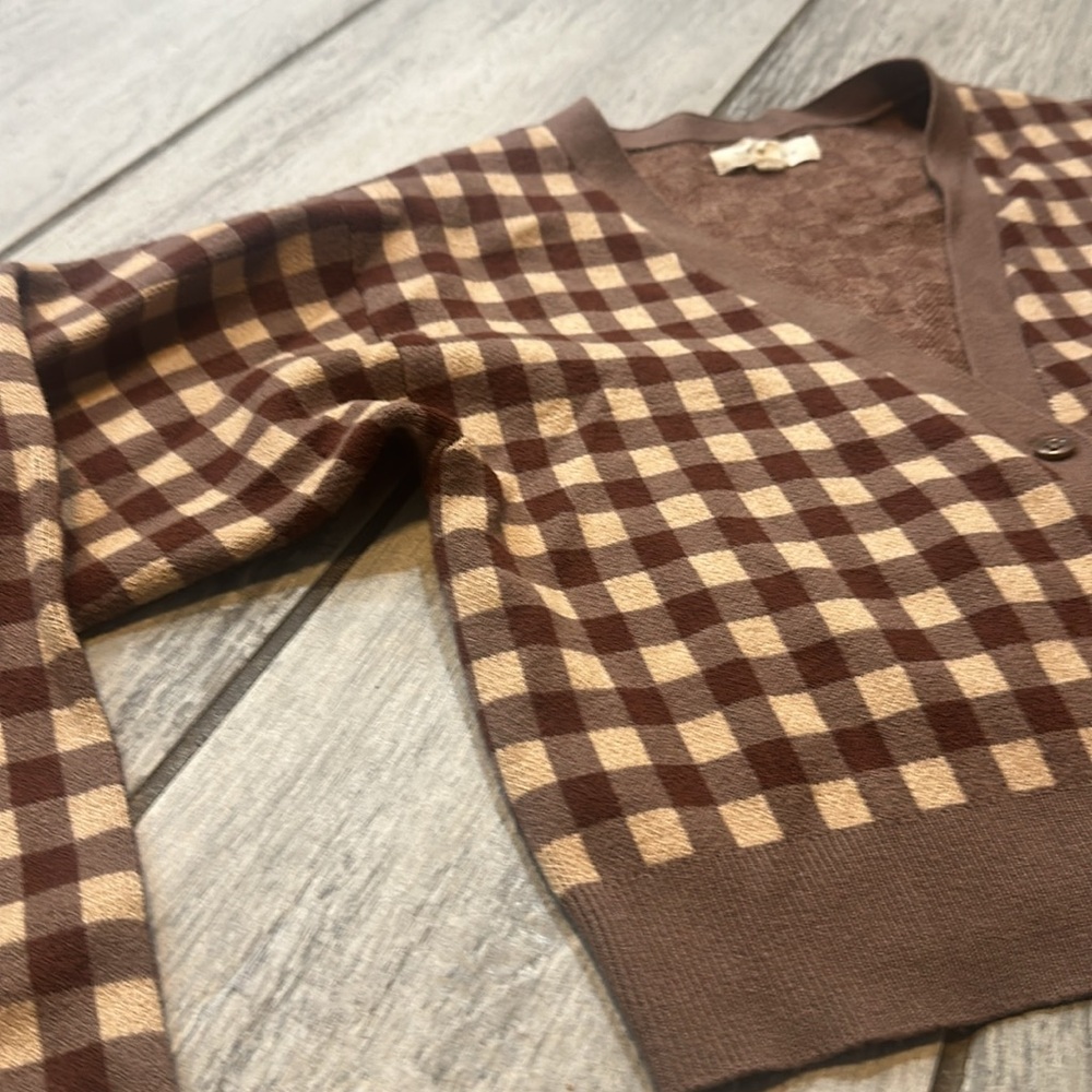 LA Hearts Cropped Soft Chocolate Brown Checkered Women's Sweater XS - Picture 2 of 4